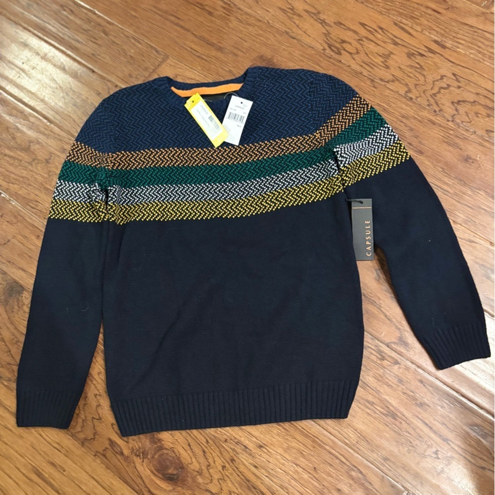 Capsule Chest Stripe Crew Neck Pullover Sweater Navy Multicolor Size M NWT